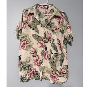 DAD‎ Tropical Floral Cotton Button Down Shirt XL Ivory Green Pink Hibiscus 1059